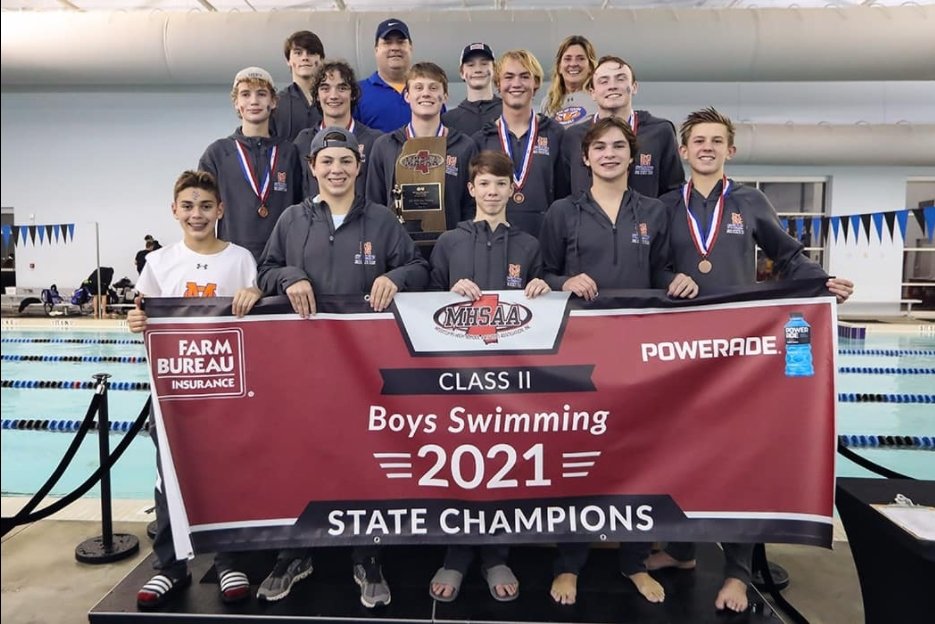 Both the boys and girls swim teams at Madison Central High School took home the state title in October. The boys won for the first time since 2000, and this was the girls' eighth consecutive state championship. Boys Swim Team members are, from left, front row, Omar Abdo, Sam Reily, MJ Covington, Aiden Allen and Hagan Lee. Middle row, from left, Logan Notebaert, Matthew Brian, Carter Dickey, Reese Sorrell and Seamus Tully. Back row, from left, Aiden Tully, Eddie Ware (coach), Clarke Davis and Bridget Carmody (coach).